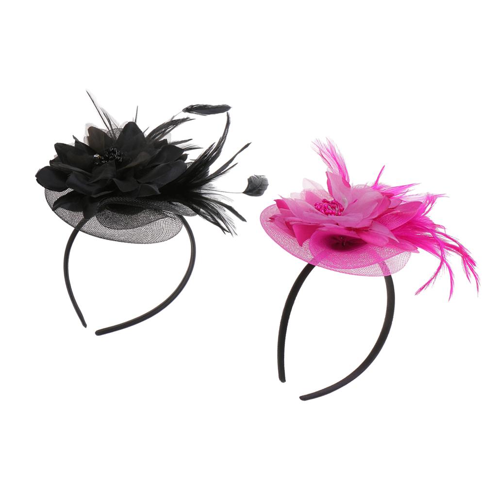 2 Pieces Vintage Feather Fascinator Flower Veil Hat Hairband Wedding Costume