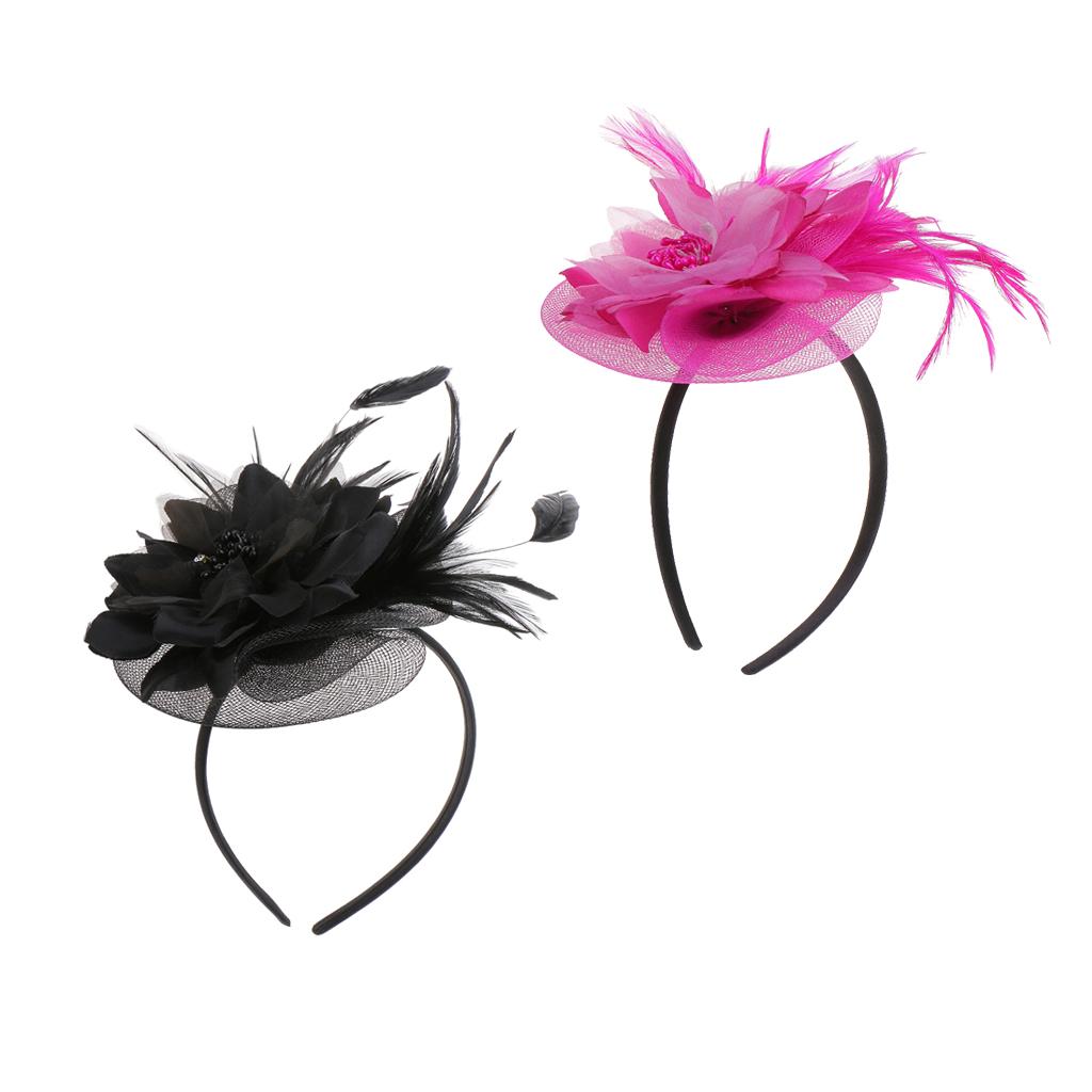 2 Pieces Vintage Feather Fascinator Flower Veil Hat Hairband Wedding Costume