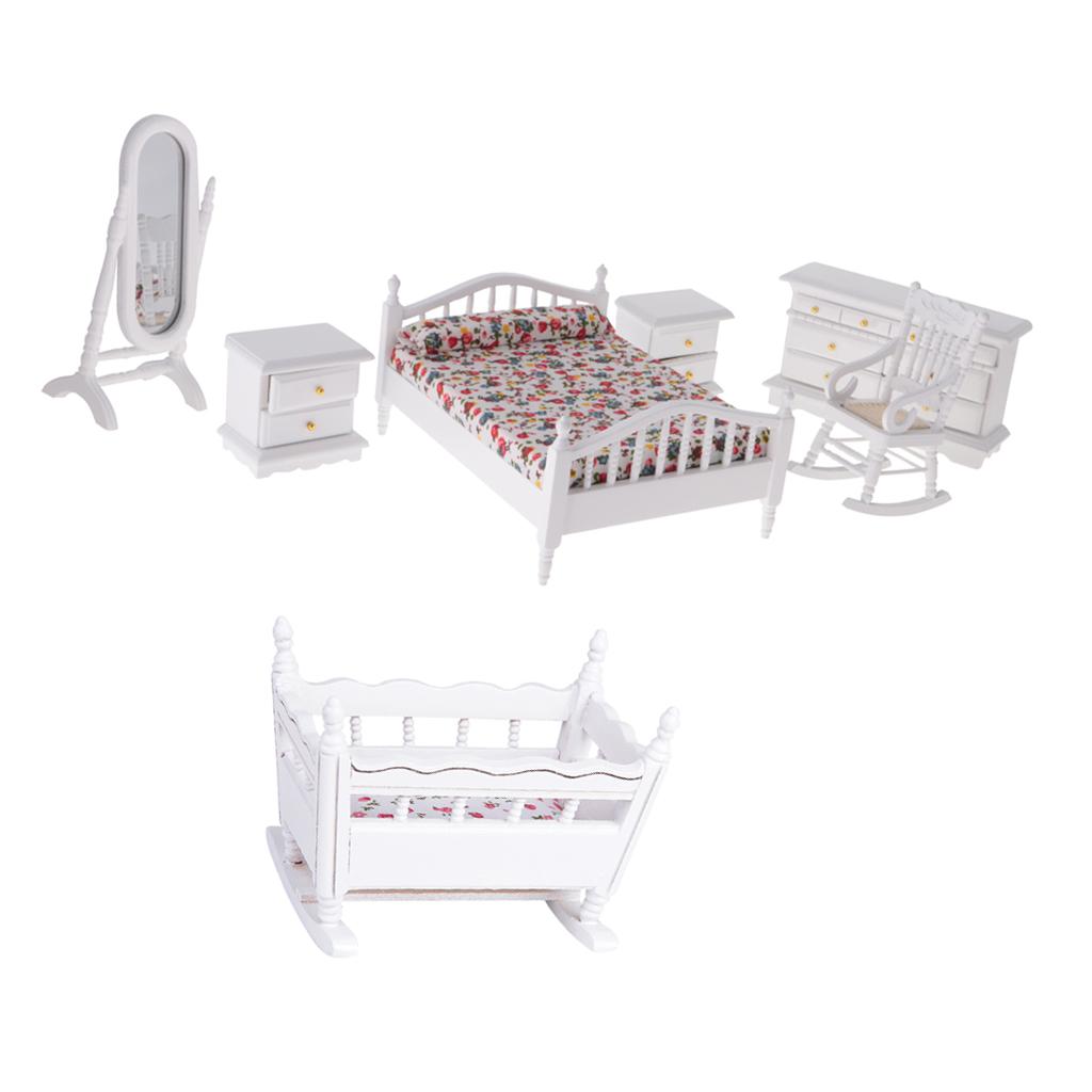 1/12 Dollhouse Miniature Furniture Wooden European Retro Bedroom Set 7 Pcs