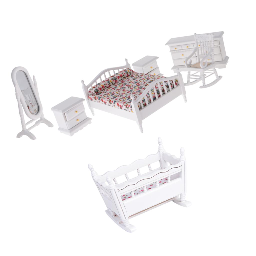 1/12 Dollhouse Miniature Furniture Wooden European Retro Bedroom Set 7 Pcs