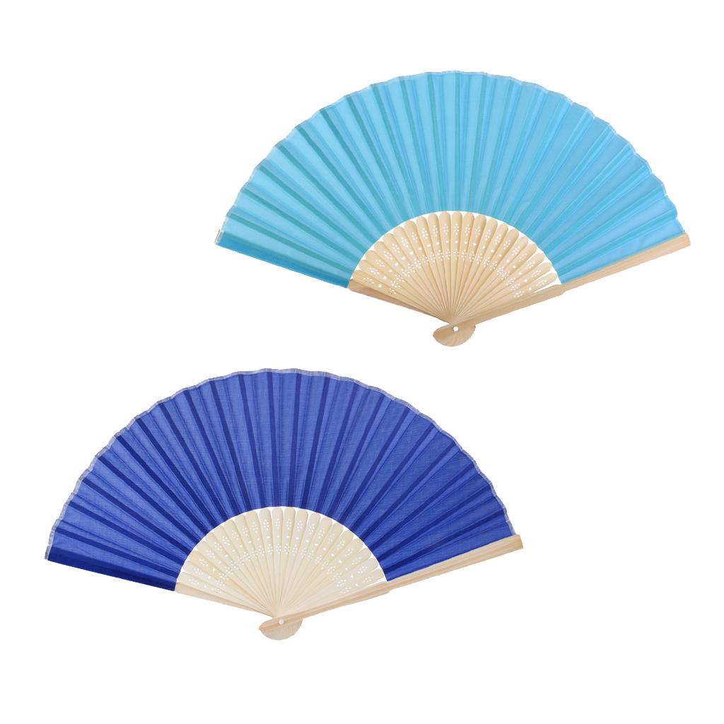 2 Pieces Chinese Folding Bamboo Hand Fan Retro Favors Royalblue & Lake Blue