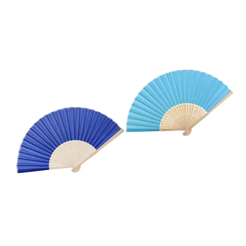 2 Pieces Chinese Folding Bamboo Hand Fan Retro Favors Royalblue & Lake Blue