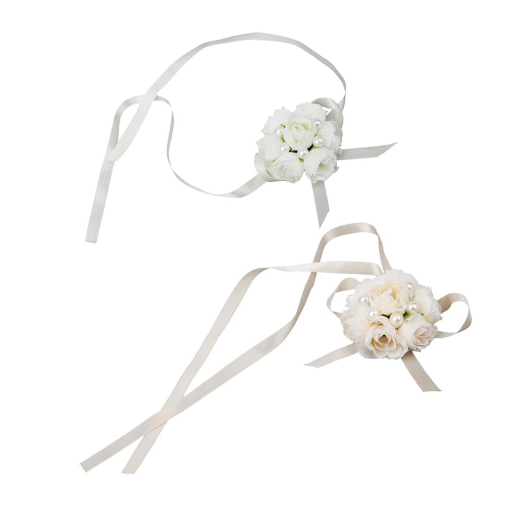 2 Pieces Set Bridal Wrist Corsage Bridesmaid Bracelet Pearl Flowers Costume