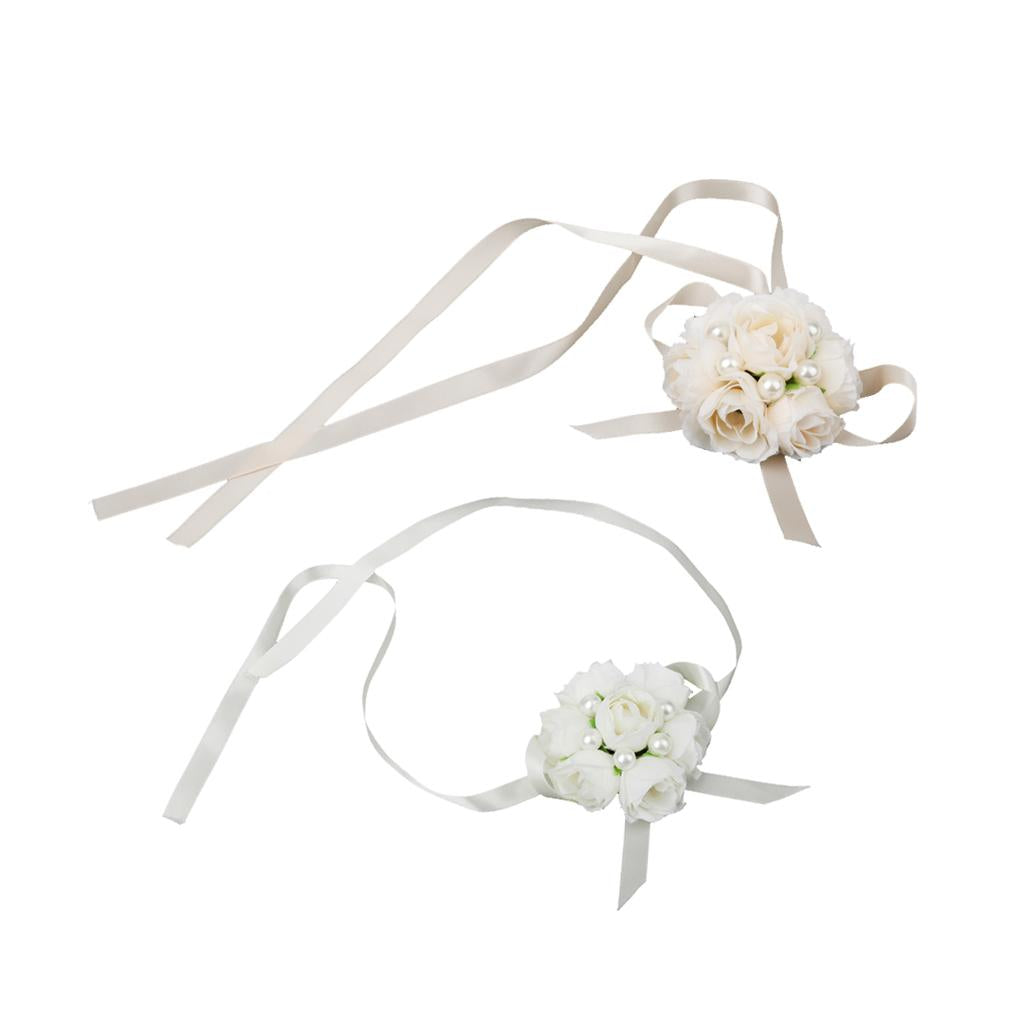 2 Pieces Set Bridal Wrist Corsage Bridesmaid Bracelet Pearl Flowers Costume