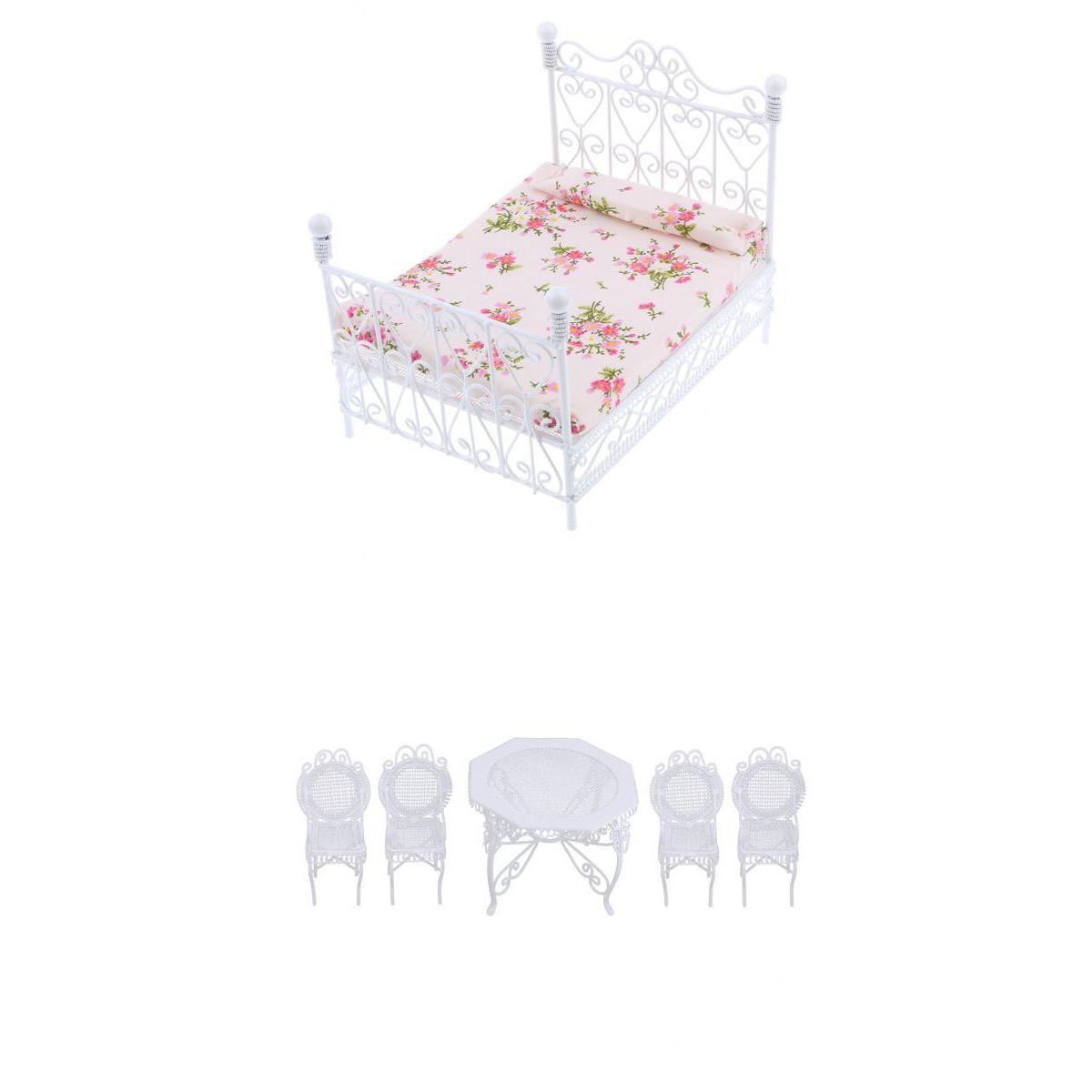 1/12 Dollhouse Miniature White Octagonal Double Bed Table Chairs Model Set