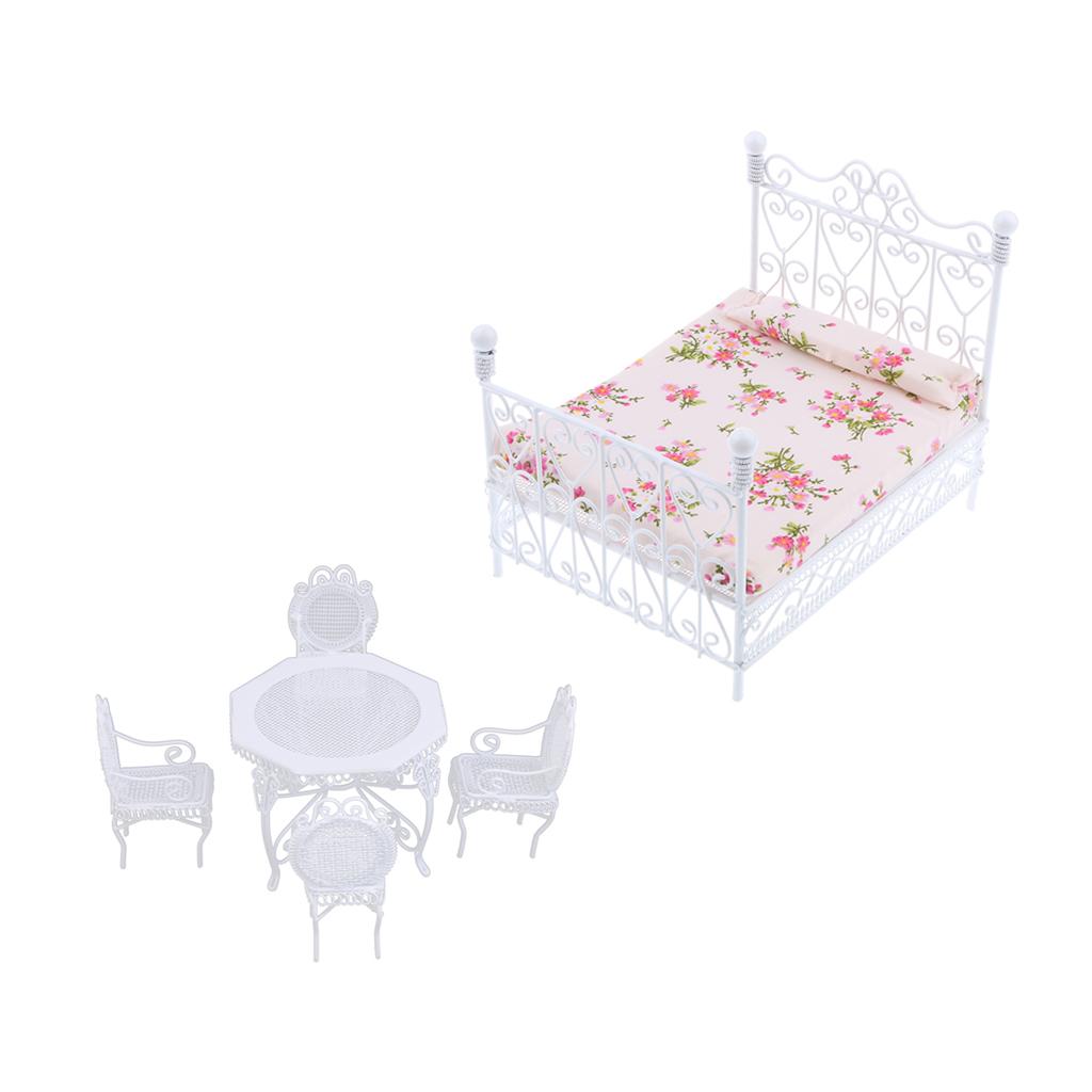 1/12 Dollhouse Miniature White Octagonal Double Bed Table Chairs Model Set