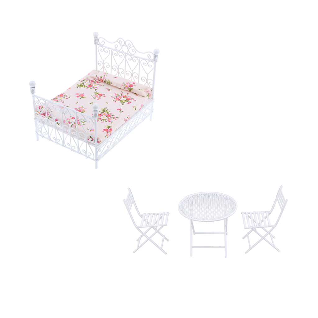 1/12 Dollhouse Miniature Furniture Metal Table Set & European Bed White 4pcs