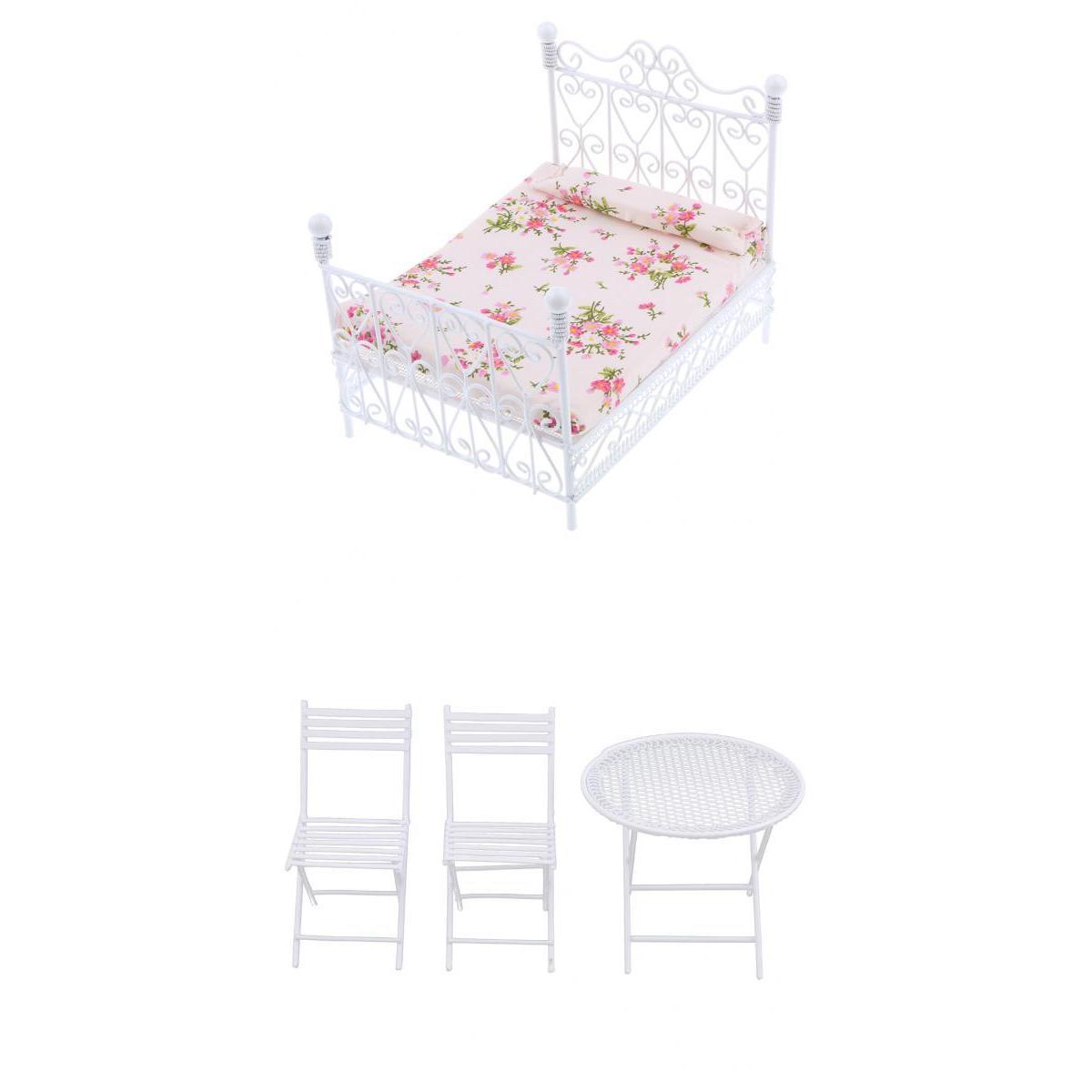 1/12 Dollhouse Miniature Furniture Metal Table Set & European Bed White 4pcs