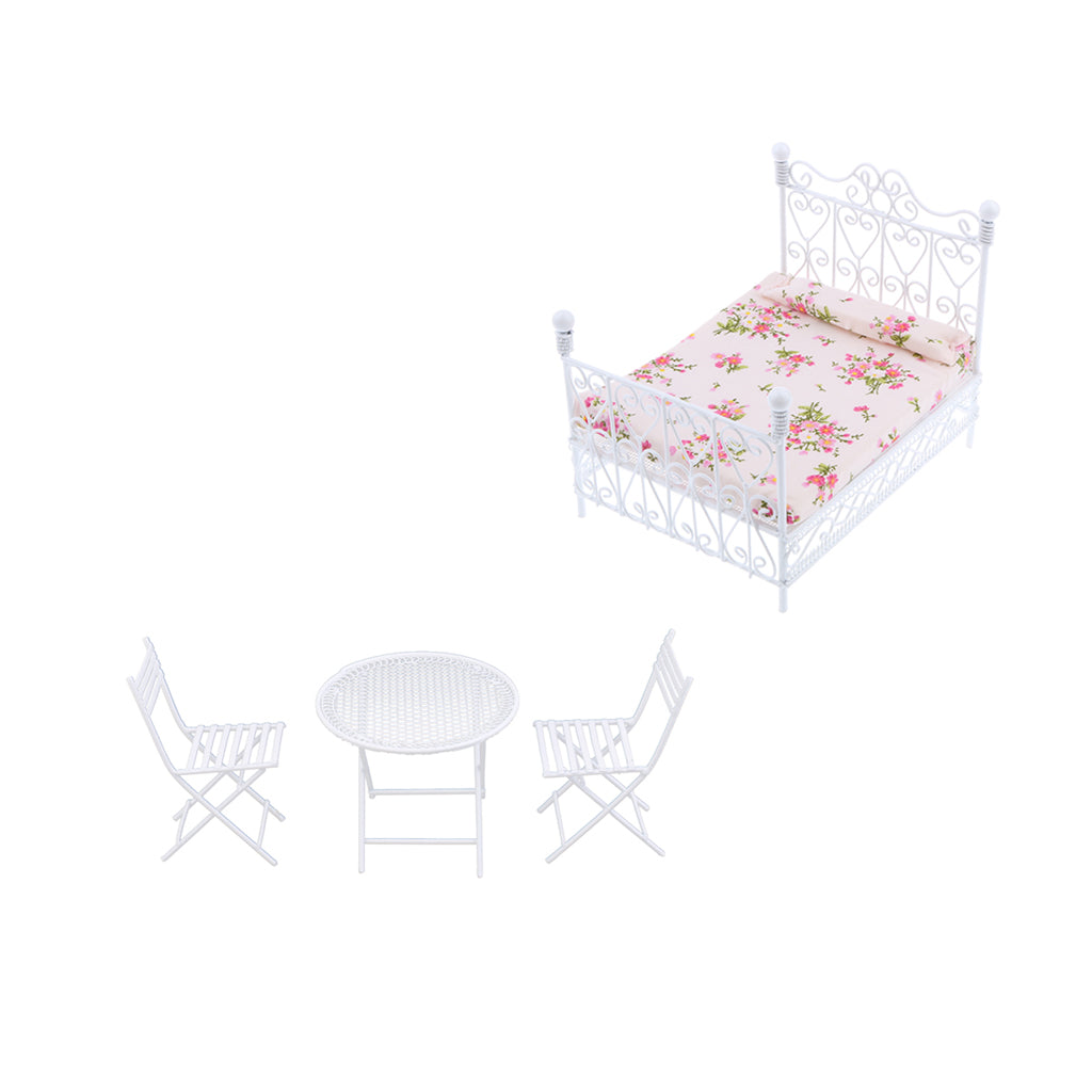 1/12 Dollhouse Miniature Furniture Metal Table Set & European Bed White 4pcs