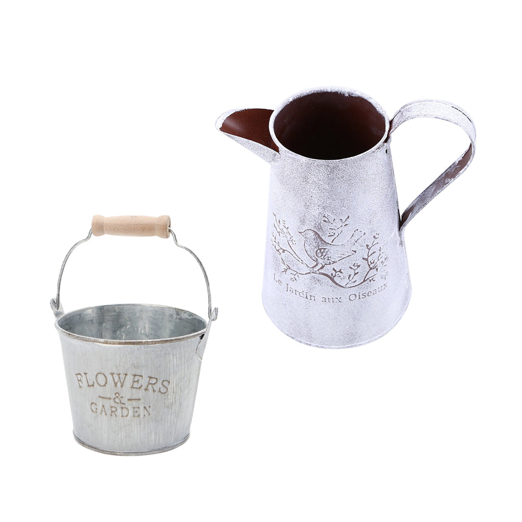 2 Piece Shabby Chic Galvanised Metal Iron Flower Plant Bucket Vase Flowerpot