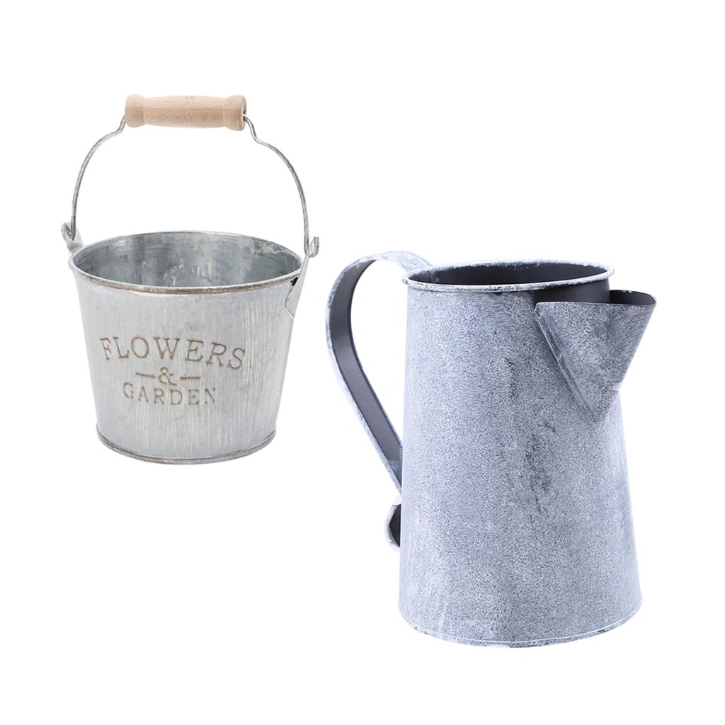 2 Piece Shabby Chic Metal Iron Flower Plant Bucket Retro Planter Flowerpot