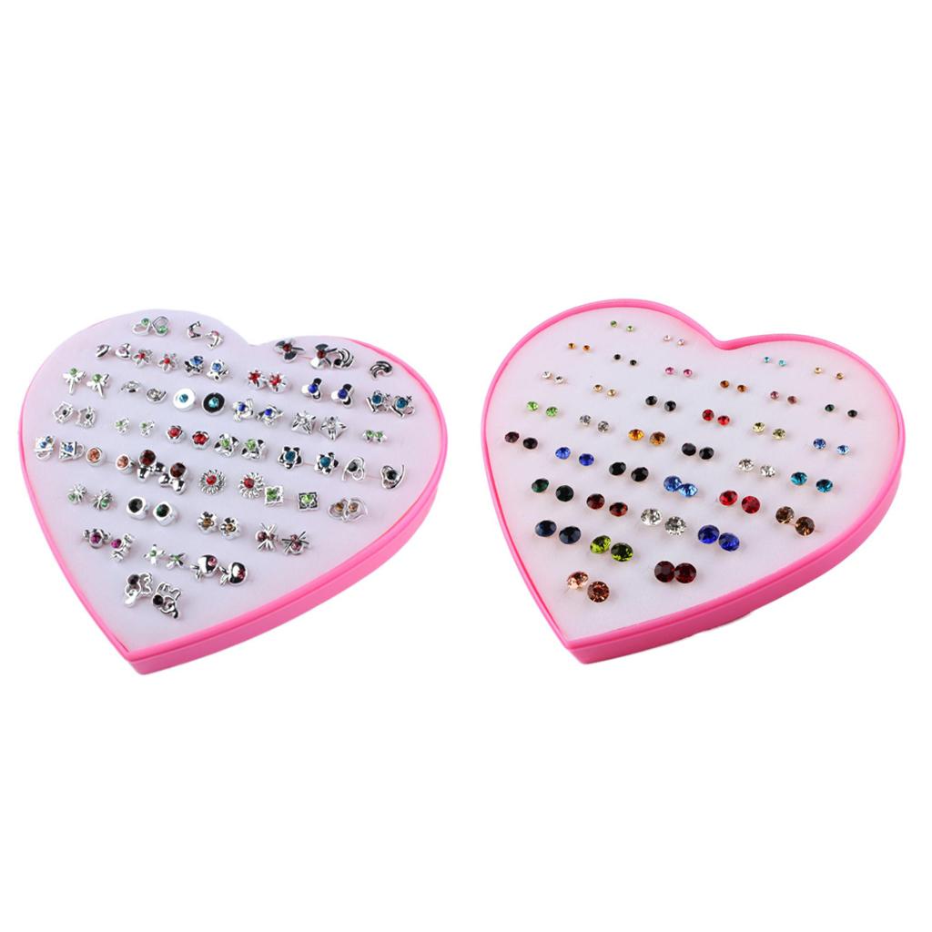 72 Pairs Cute Stud Set Love Heart Box Lady Girls Crystal Earring Studs Gift