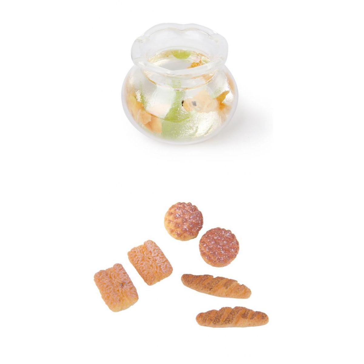 1/12 Dollhouse Miniature Livingroom Decor Gold Fish Tank & 6pcs Resin Bread