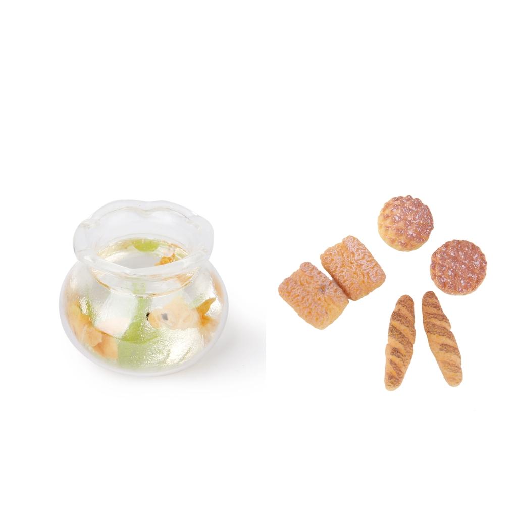 1/12 Dollhouse Miniature Livingroom Decor Gold Fish Tank & 6pcs Resin Bread