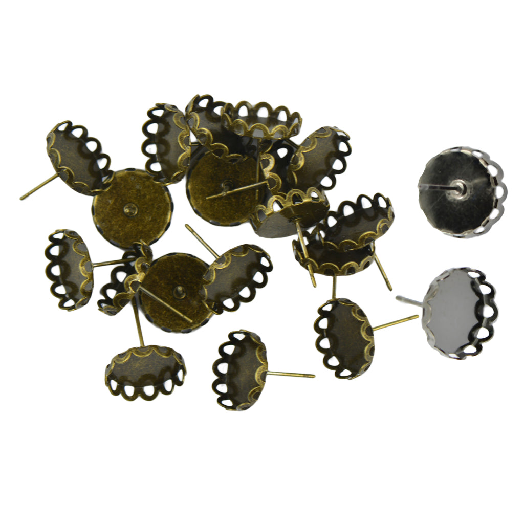 40 Pcs Blank Bezel Setting Base for 12mm Cabochon Ear Stud Pins Bronze&Black