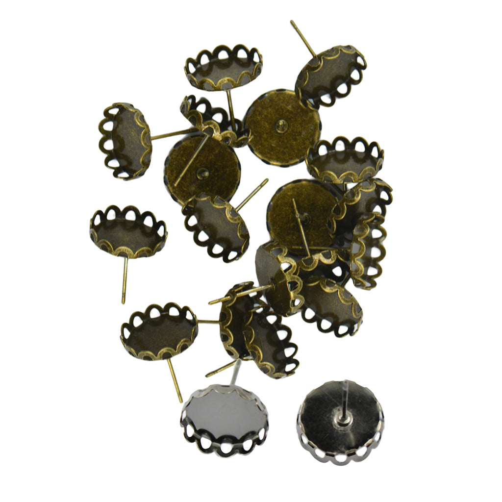 40 Pcs Blank Bezel Setting Base for 12mm Cabochon Ear Stud Pins Bronze&Black