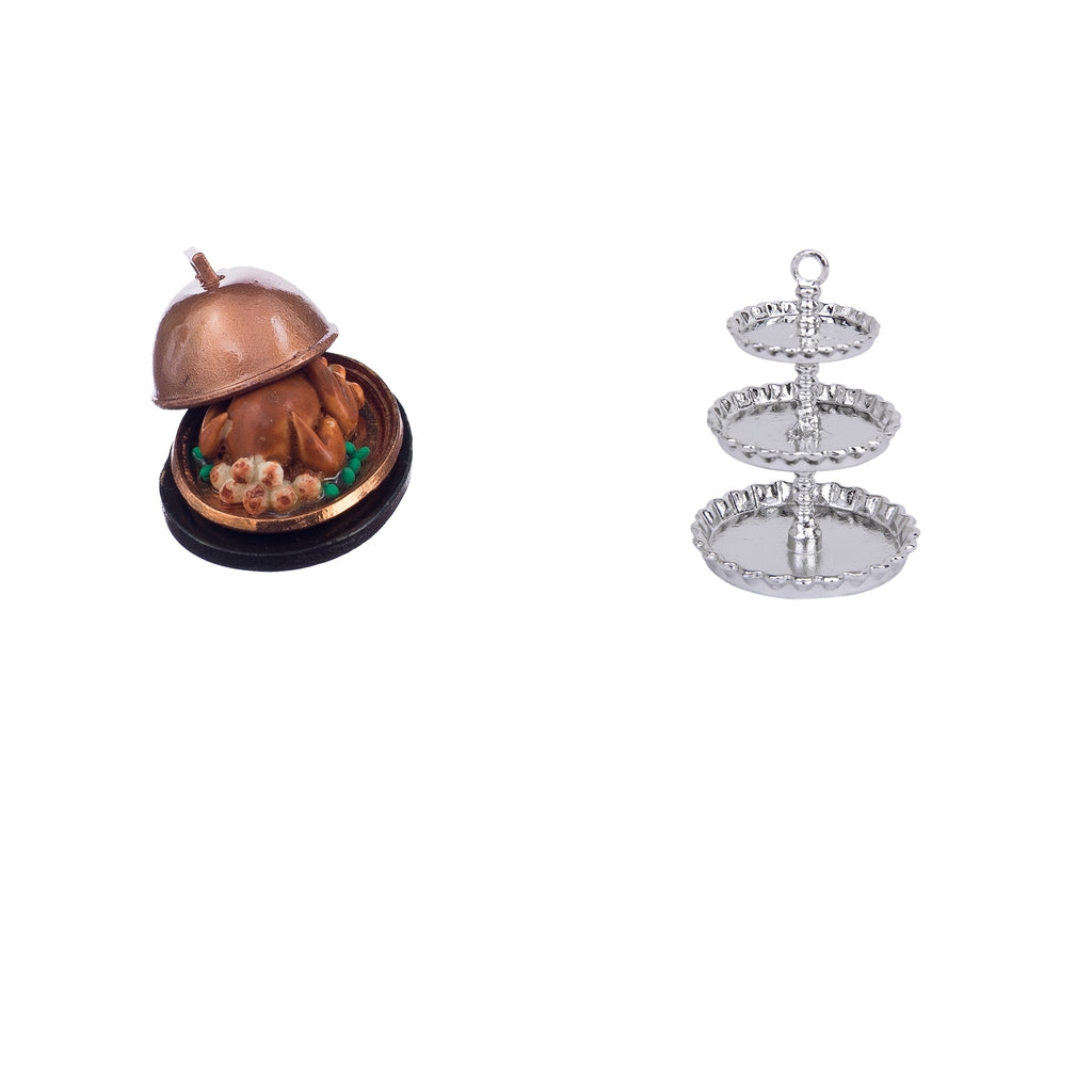 1/12 Dollhouse Mini Kitchen Accs Silver Metal Snack Rack Stand & Turkey 2pcs