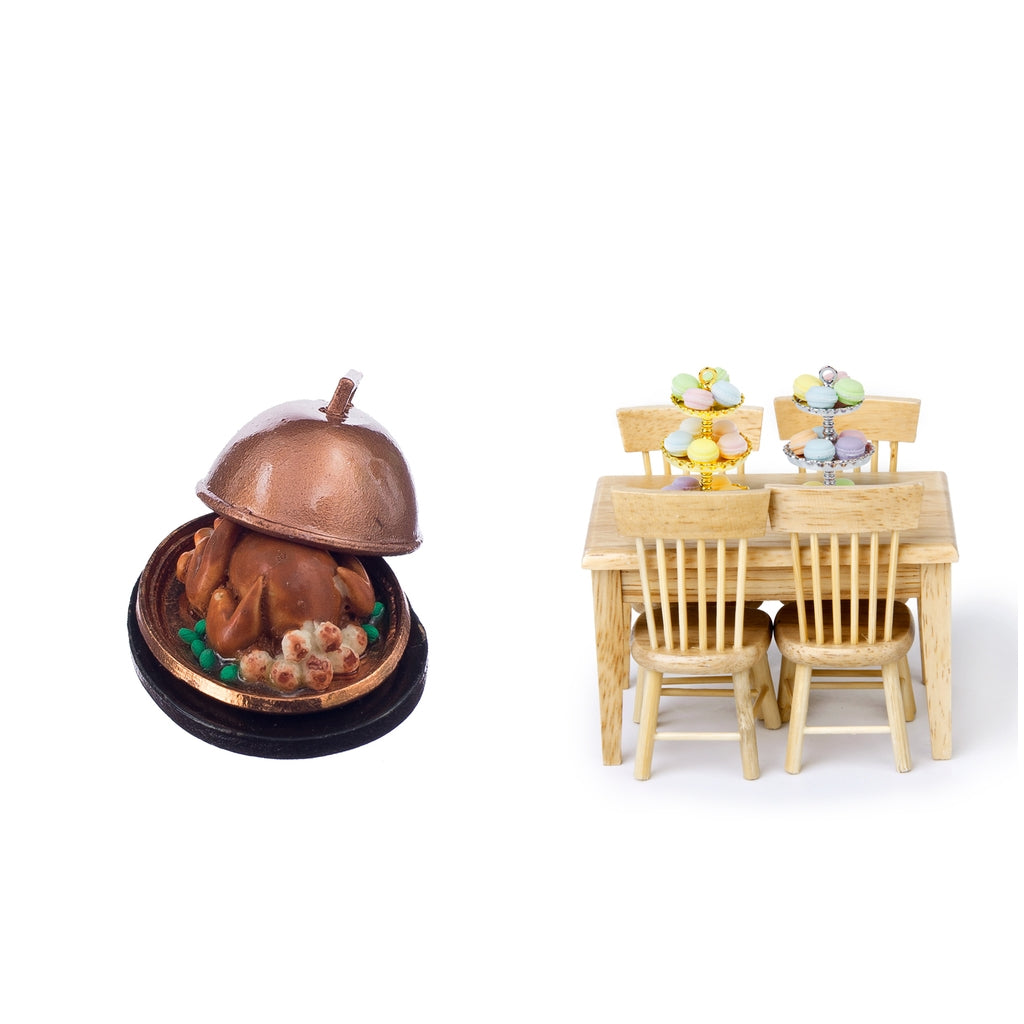 1/12 Dollhouse Mini Kitchen Accs Silver Metal Snack Rack Stand & Turkey 2pcs