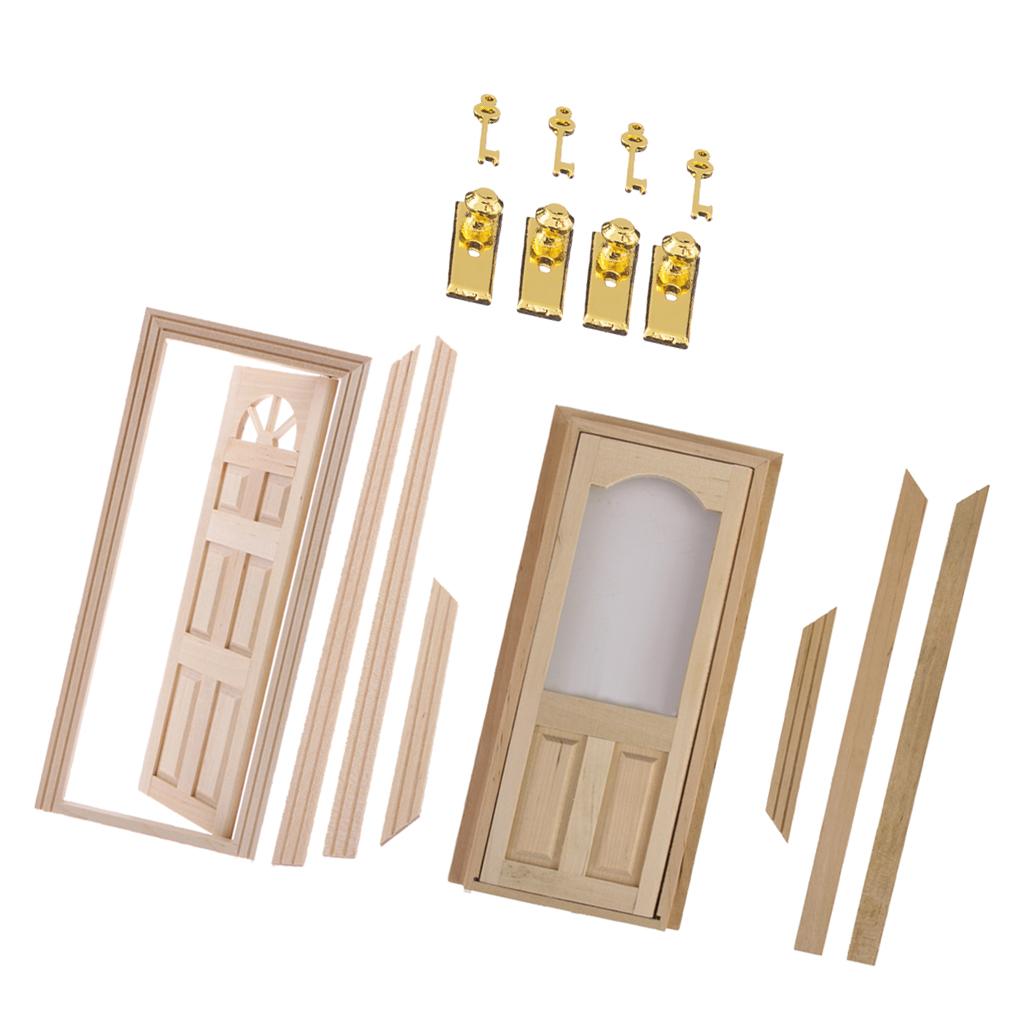 1:12 Dollhouse Miniature Wooden Door Set Unpainted & Door Lock with Keys