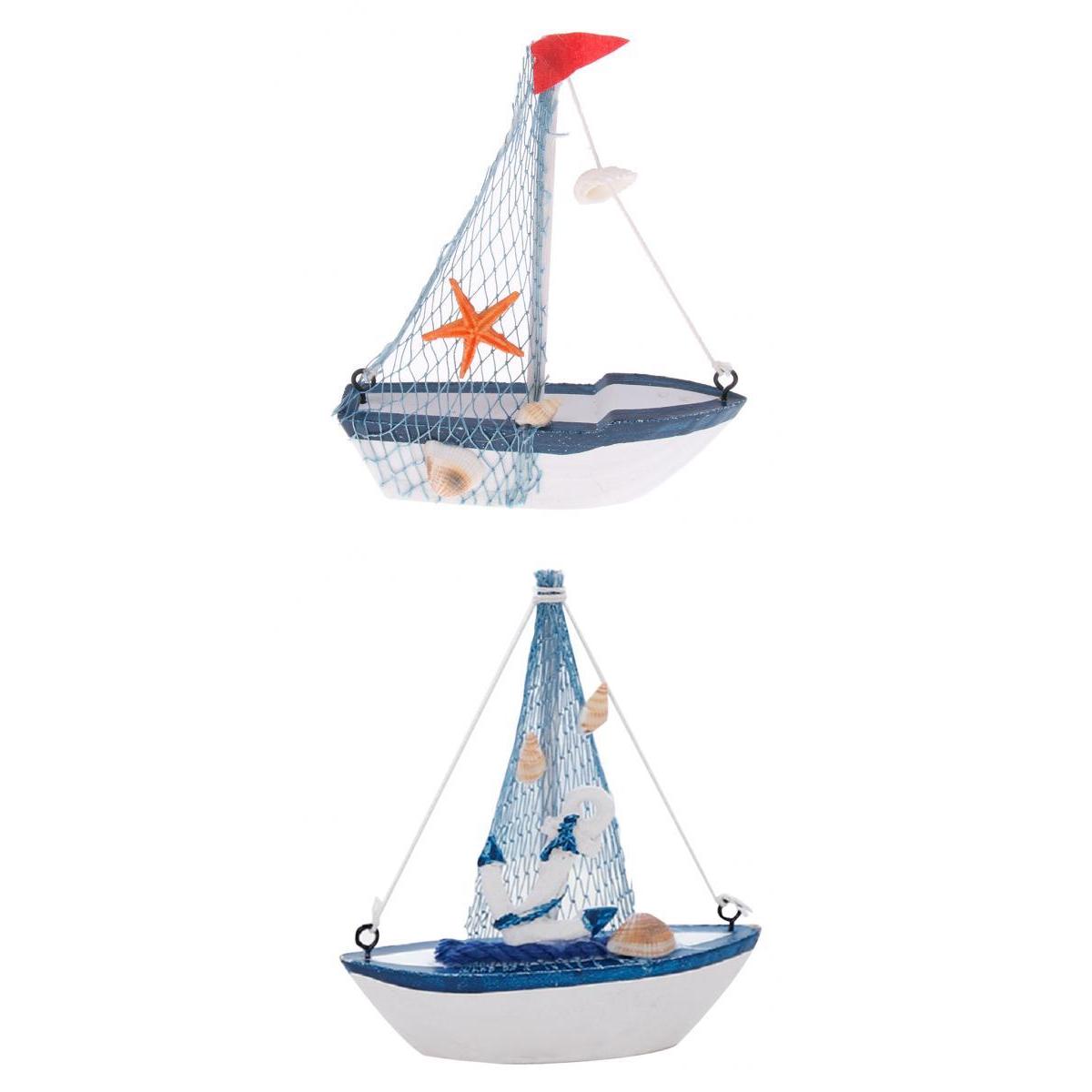 2x Retro Wooden Mediterranean Style Mini Sailing Boat Model Nautical Decor