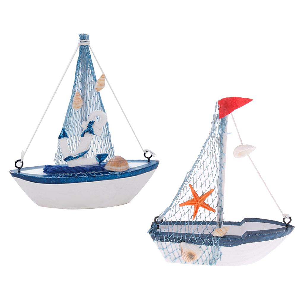 2x Retro Wooden Mediterranean Style Mini Sailing Boat Model Nautical Decor