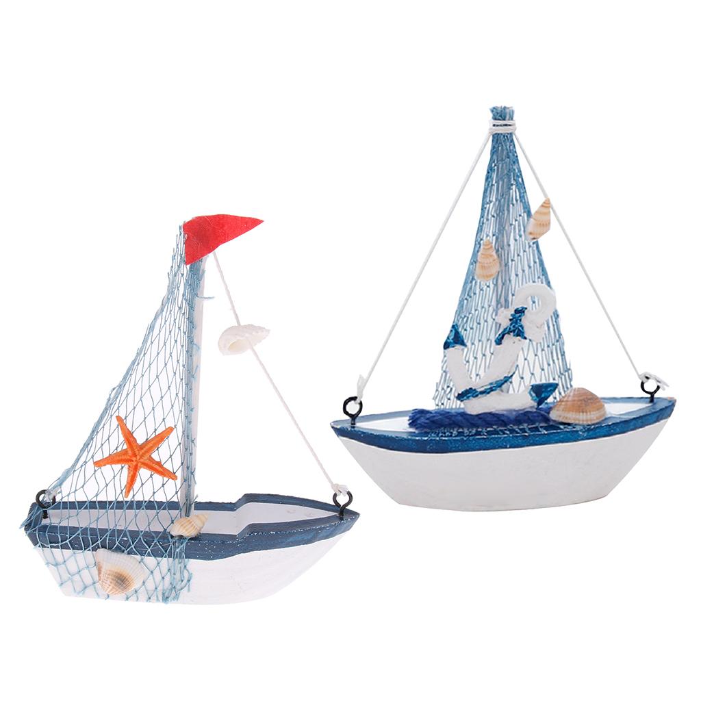 2x Retro Wooden Mediterranean Style Mini Sailing Boat Model Nautical Decor