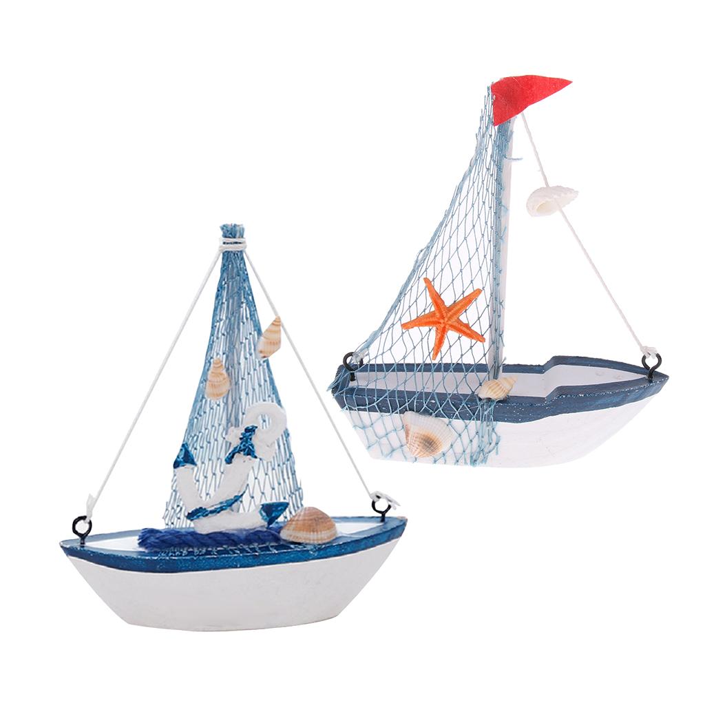 2x Retro Wooden Mediterranean Style Mini Sailing Boat Model Nautical Decor