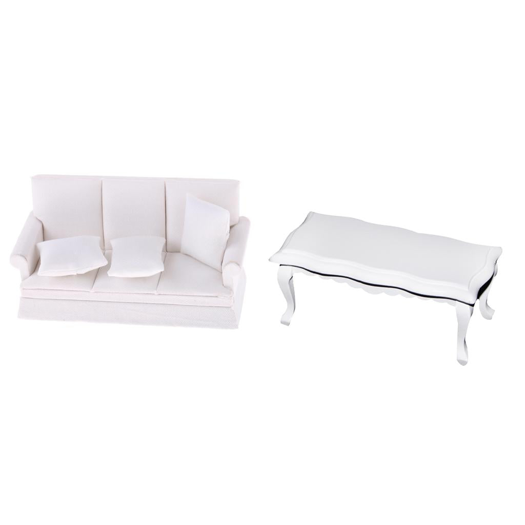1/12 Dollhouse Miniature Wooden Furniture Three Seater Sofa & Coffe Table