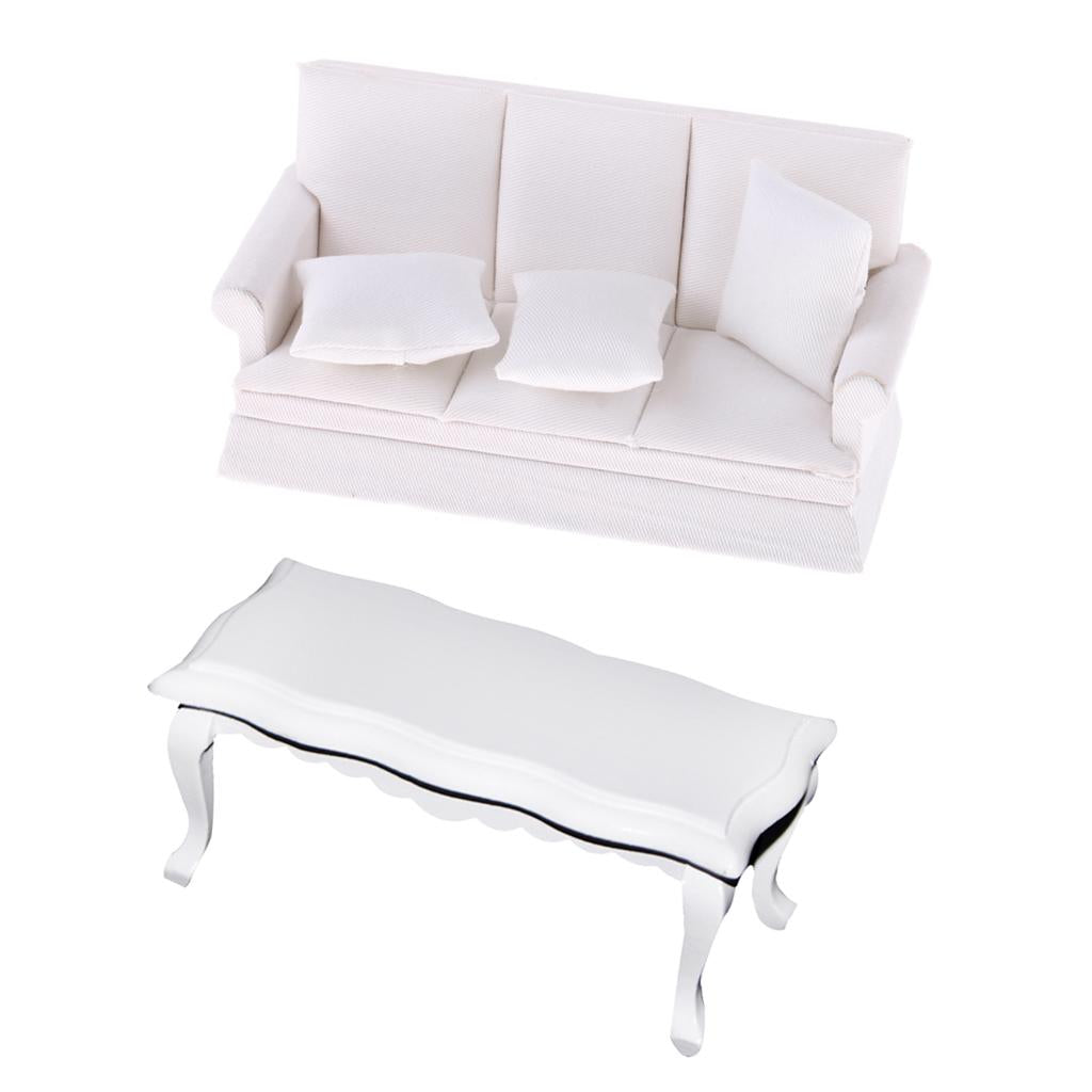 1/12 Dollhouse Miniature Wooden Furniture Three Seater Sofa & Coffe Table