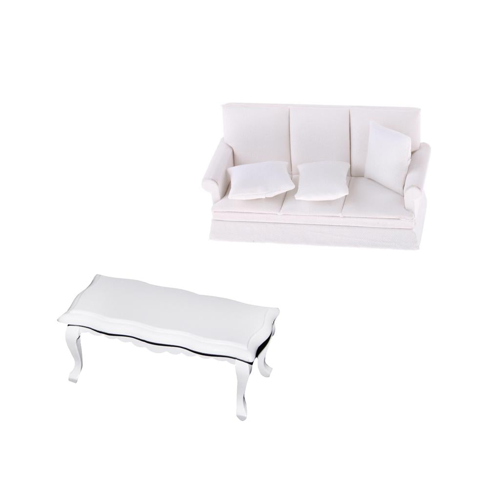 1/12 Dollhouse Miniature Wooden Furniture Three Seater Sofa & Coffe Table