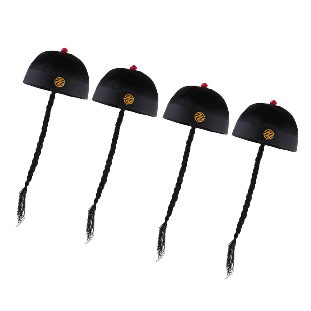 4 Piece Adult Men Black Chinese Oriental Cap with Ponytail Party Costume Hat