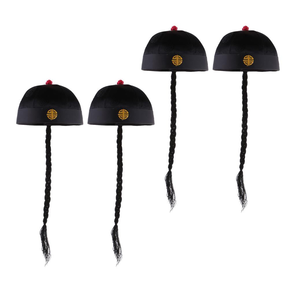 4 Piece Adult Men Black Chinese Oriental Cap with Ponytail Party Costume Hat