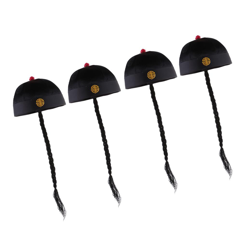 4 Piece Adult Men Black Chinese Oriental Cap with Ponytail Party Costume Hat