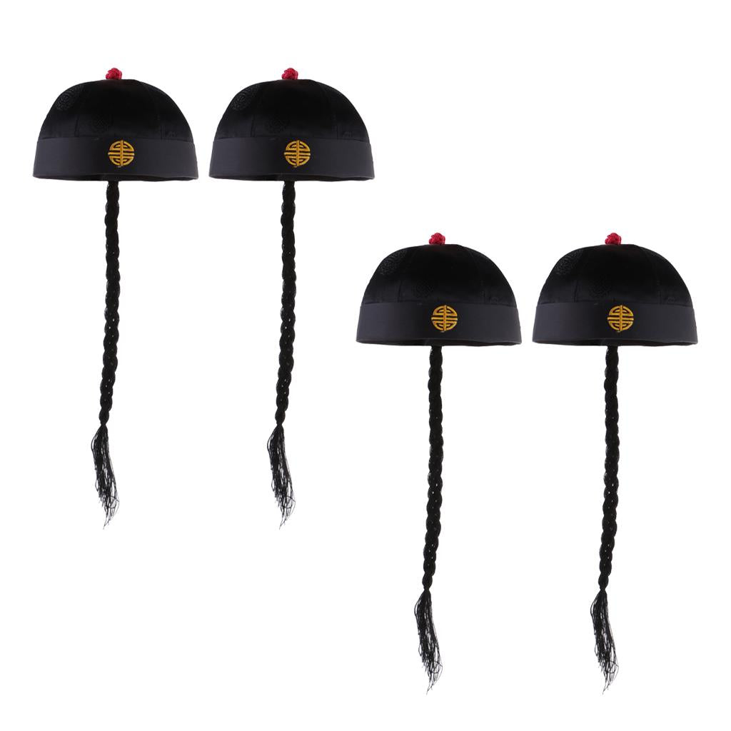 4 Piece Adult Men Black Chinese Oriental Cap with Ponytail Party Costume Hat