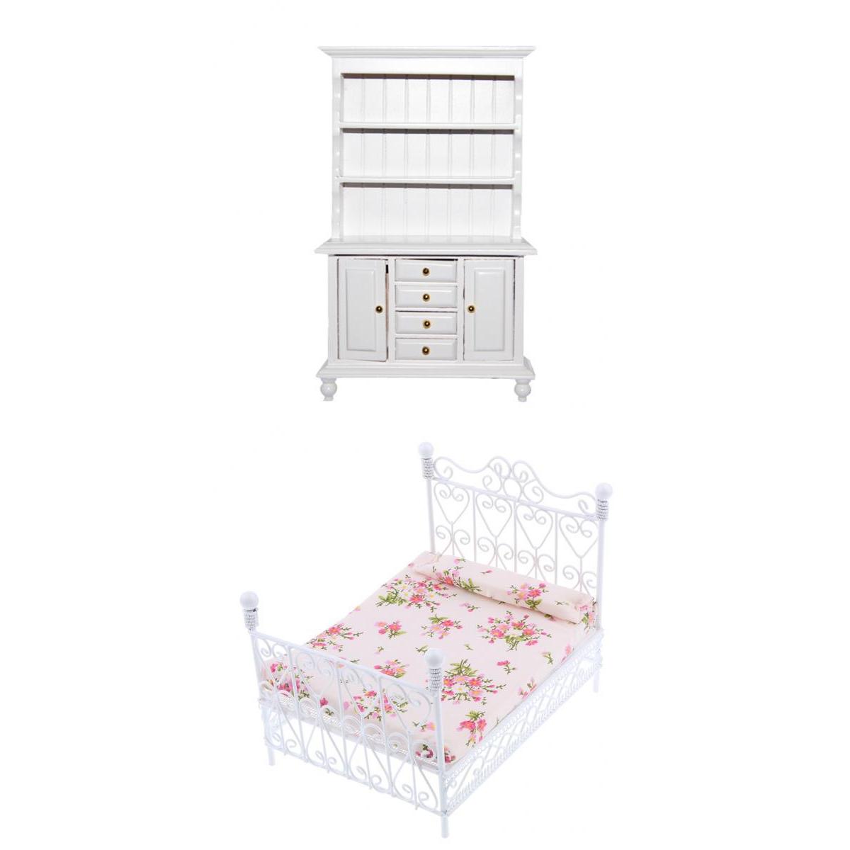 1:12 Dollhouse Mini Bedroom Accs Metal European Retro Bed & Wooden Cabinet