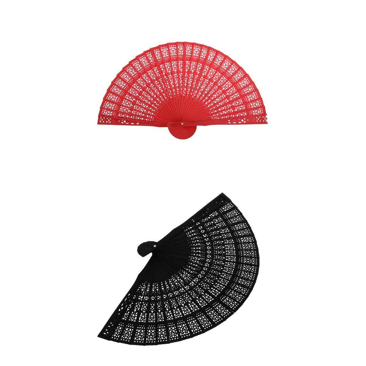 2 Pieces Classic Dyed Wood Hollow Carved Foldable Hand Fan Gift Red+Black