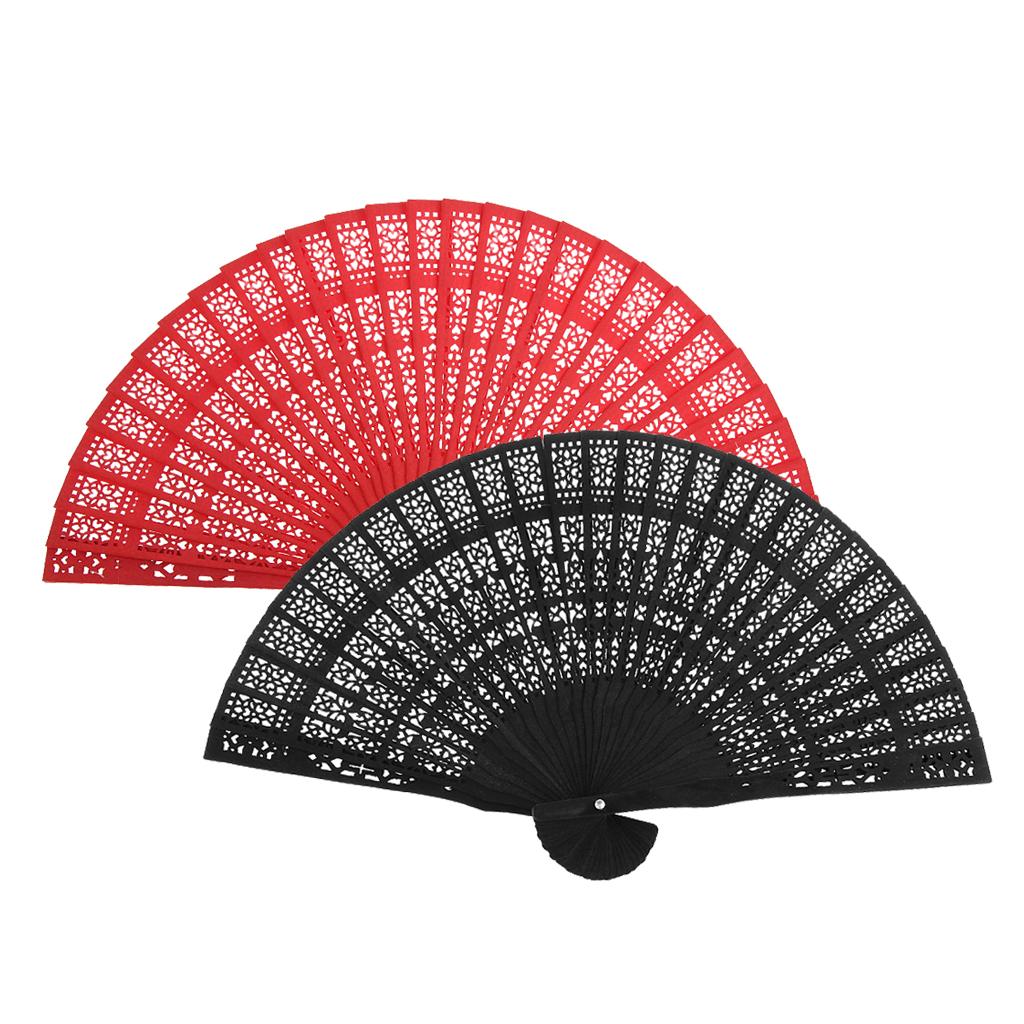 2 Pieces Classic Dyed Wood Hollow Carved Foldable Hand Fan Gift Red+Black