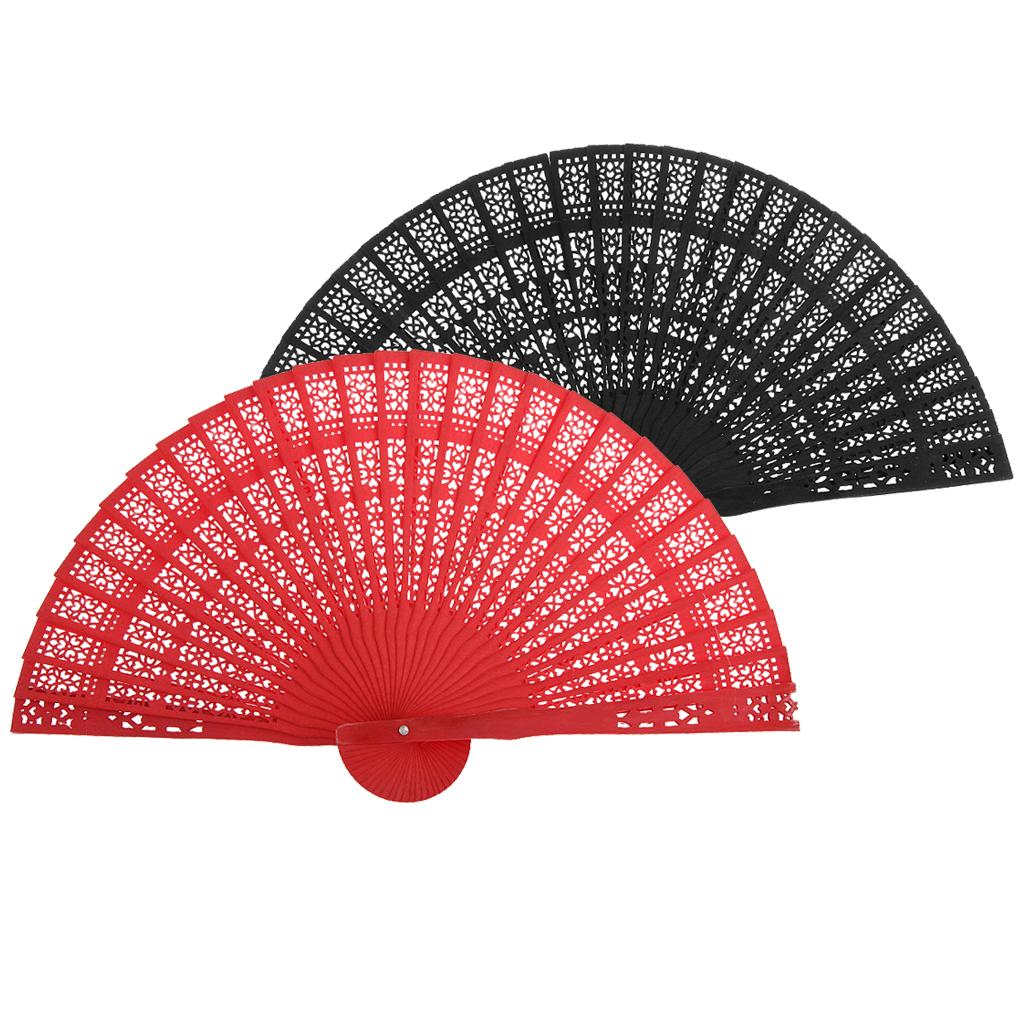 2 Pieces Classic Dyed Wood Hollow Carved Foldable Hand Fan Gift Red+Black