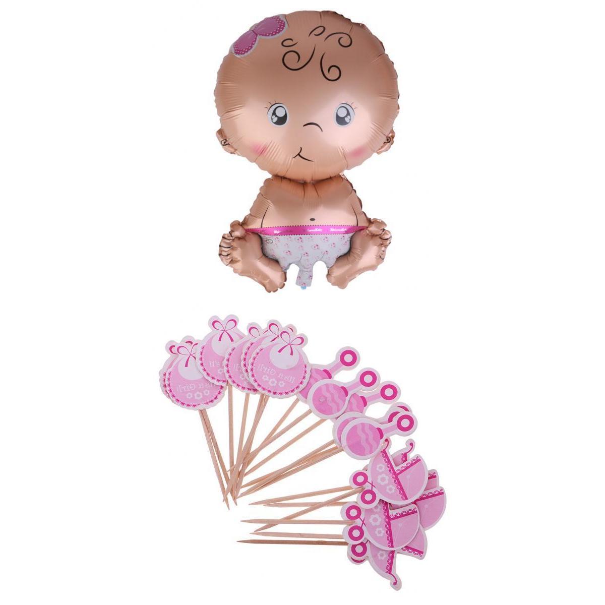 19 Pieces Baby Carriage Bib Rattle Cupcake Topper Baby Girl Foil Balloon Set