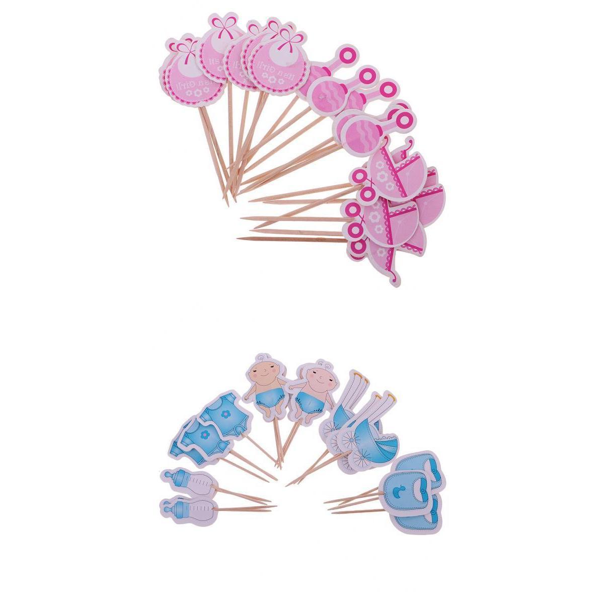 36 Pieces Baby Shower Baby Carriage Bib Rattle Cupcake Topper Pink+Blue