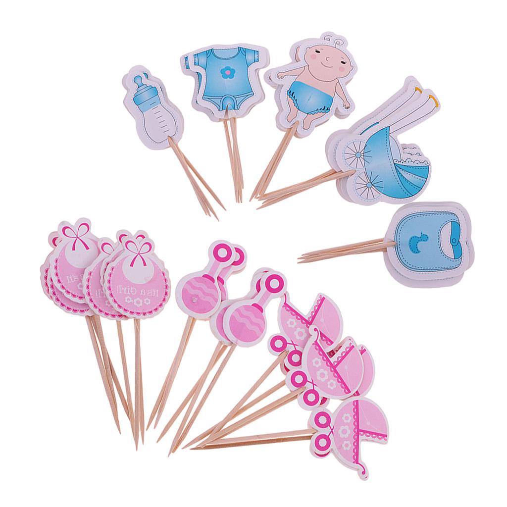 36 Pieces Baby Shower Baby Carriage Bib Rattle Cupcake Topper Pink+Blue