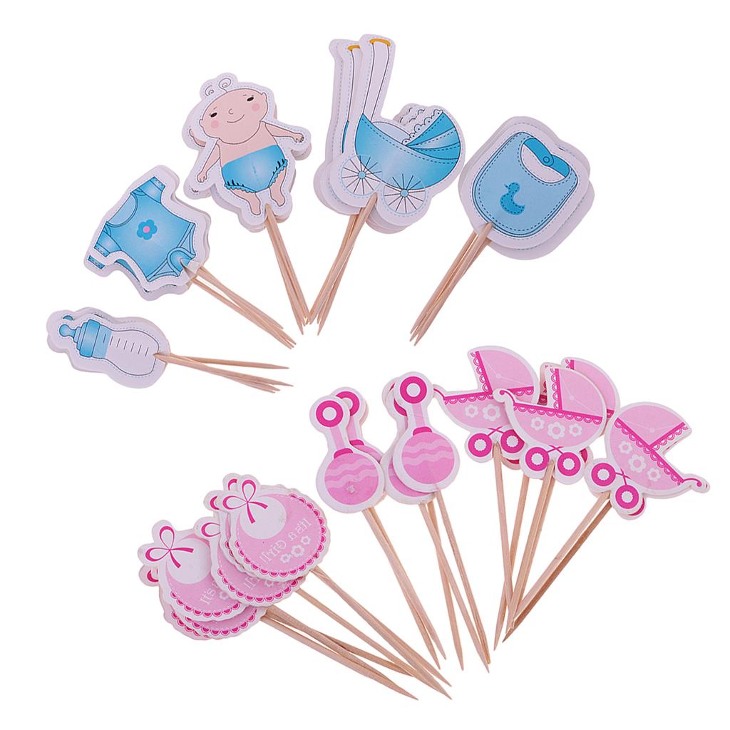 36 Pieces Baby Shower Baby Carriage Bib Rattle Cupcake Topper Pink+Blue