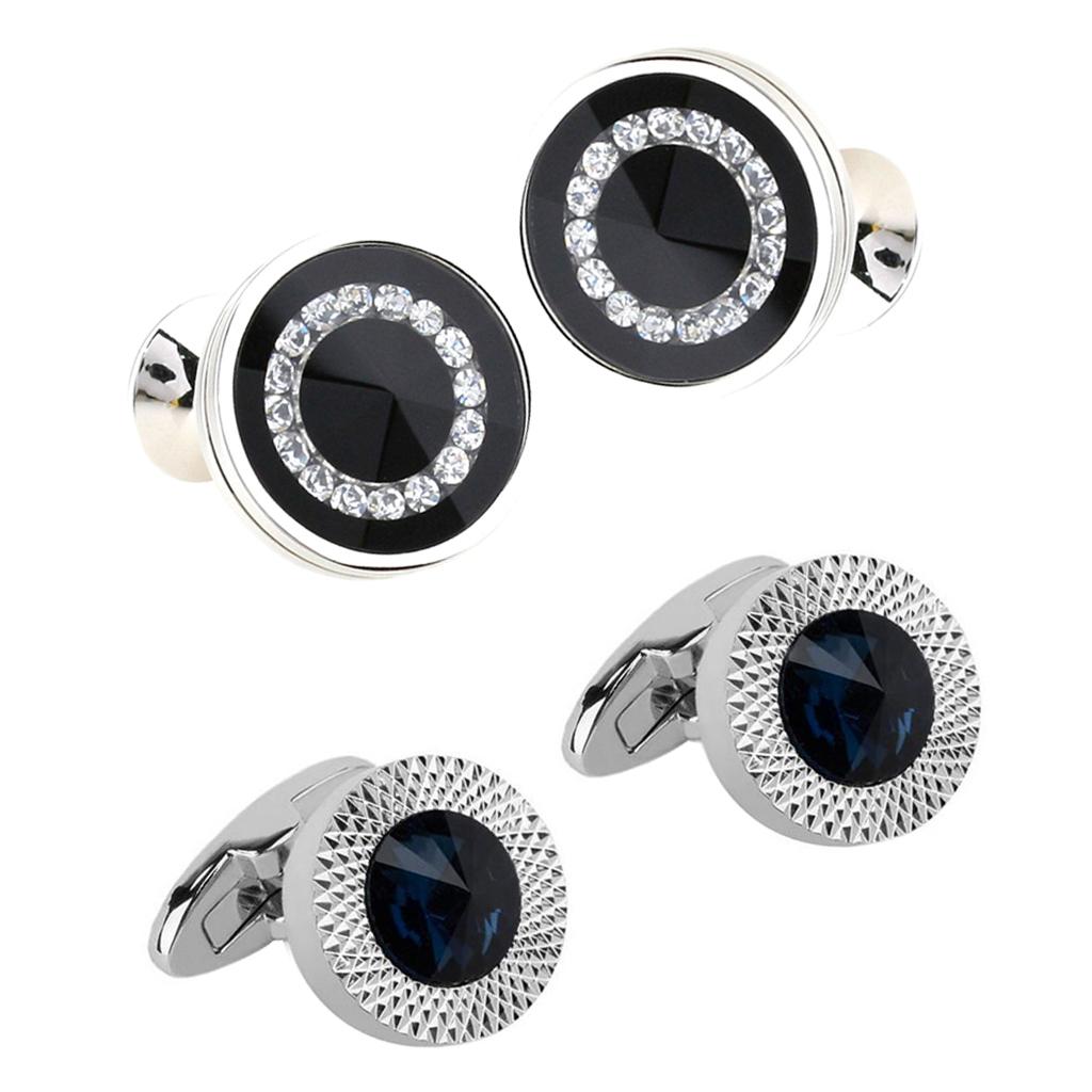 2 Pair Fashion Men Round Rhinestone Copper Cufflinks for Wedding Party Gifts