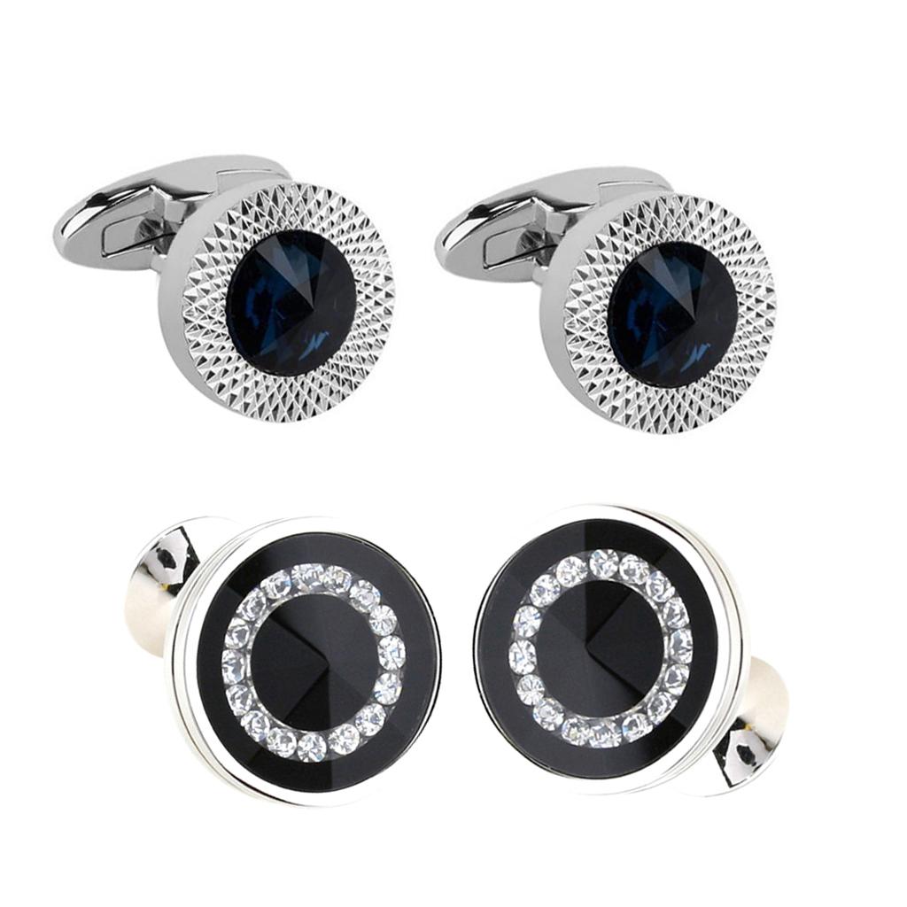 2 Pair Fashion Men Round Rhinestone Copper Cufflinks for Wedding Party Gifts