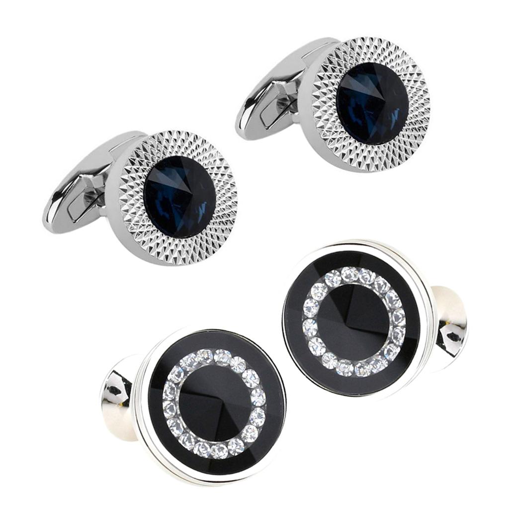 2 Pair Fashion Men Round Rhinestone Copper Cufflinks for Wedding Party Gifts