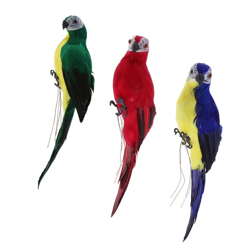 3x Realistic Parrot Artificial Feather Bird Animal Ornament Red Blue Green
