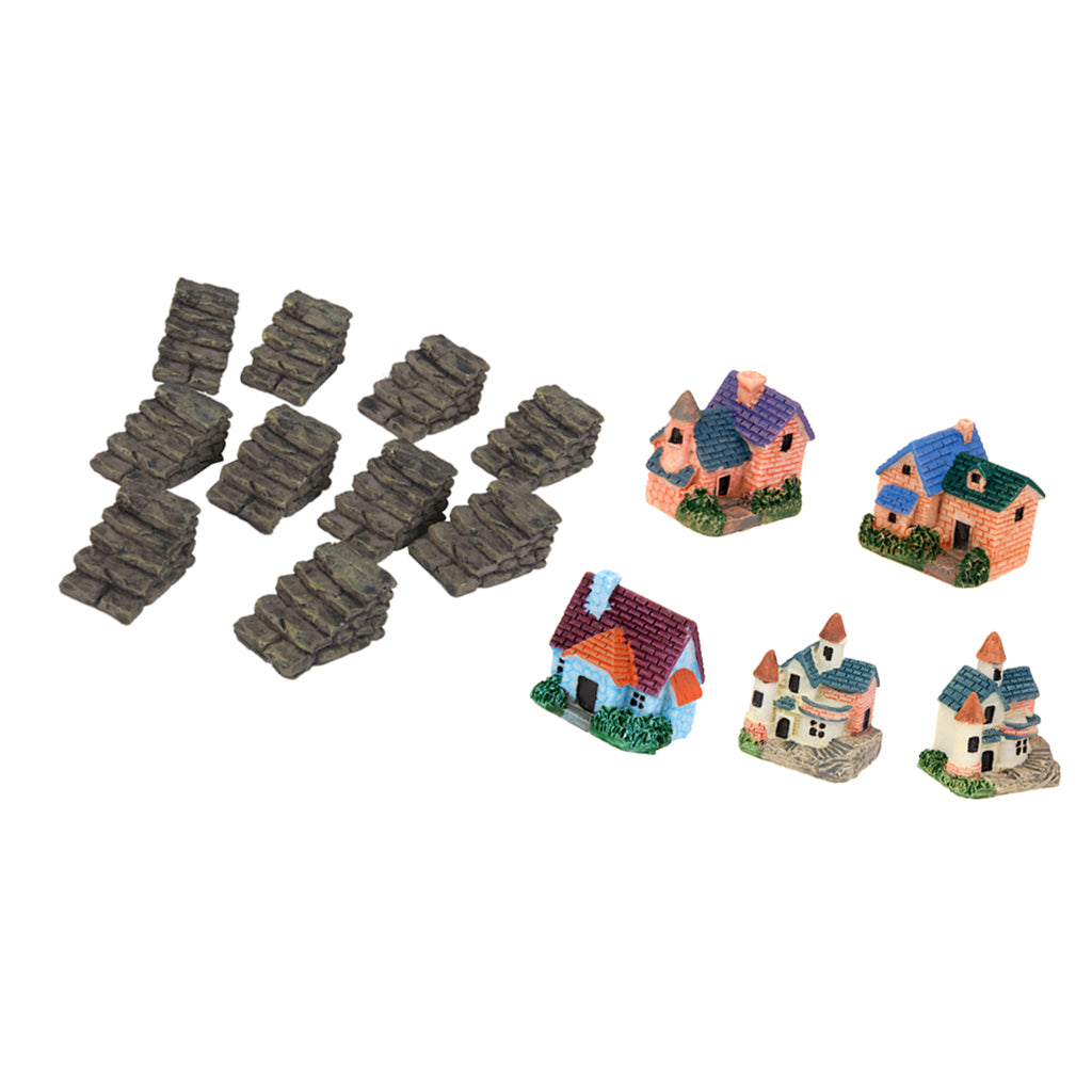 10pcs Mini Staircase Stairs and 5Pcs Miniature Bonsai Villa Resin Decor
