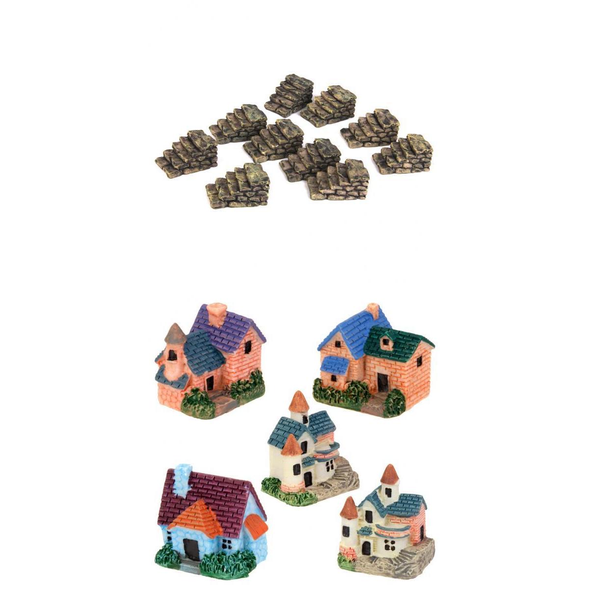10pcs Mini Staircase Stairs and 5Pcs Miniature Bonsai Villa Resin Decor