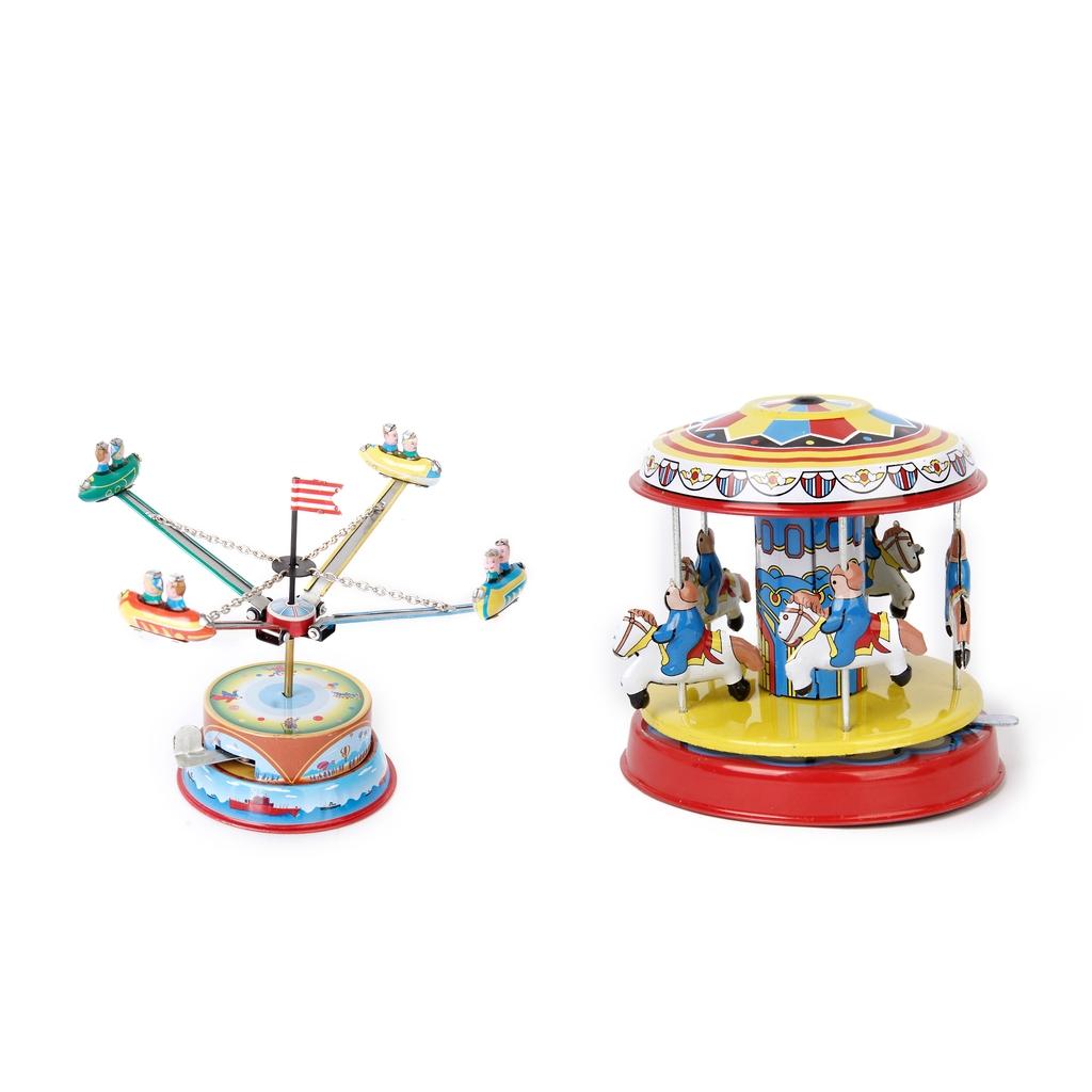 Carousel + Rotating Spacecraft Mechanical Clockwork Wind Up Vintage Tin Toy