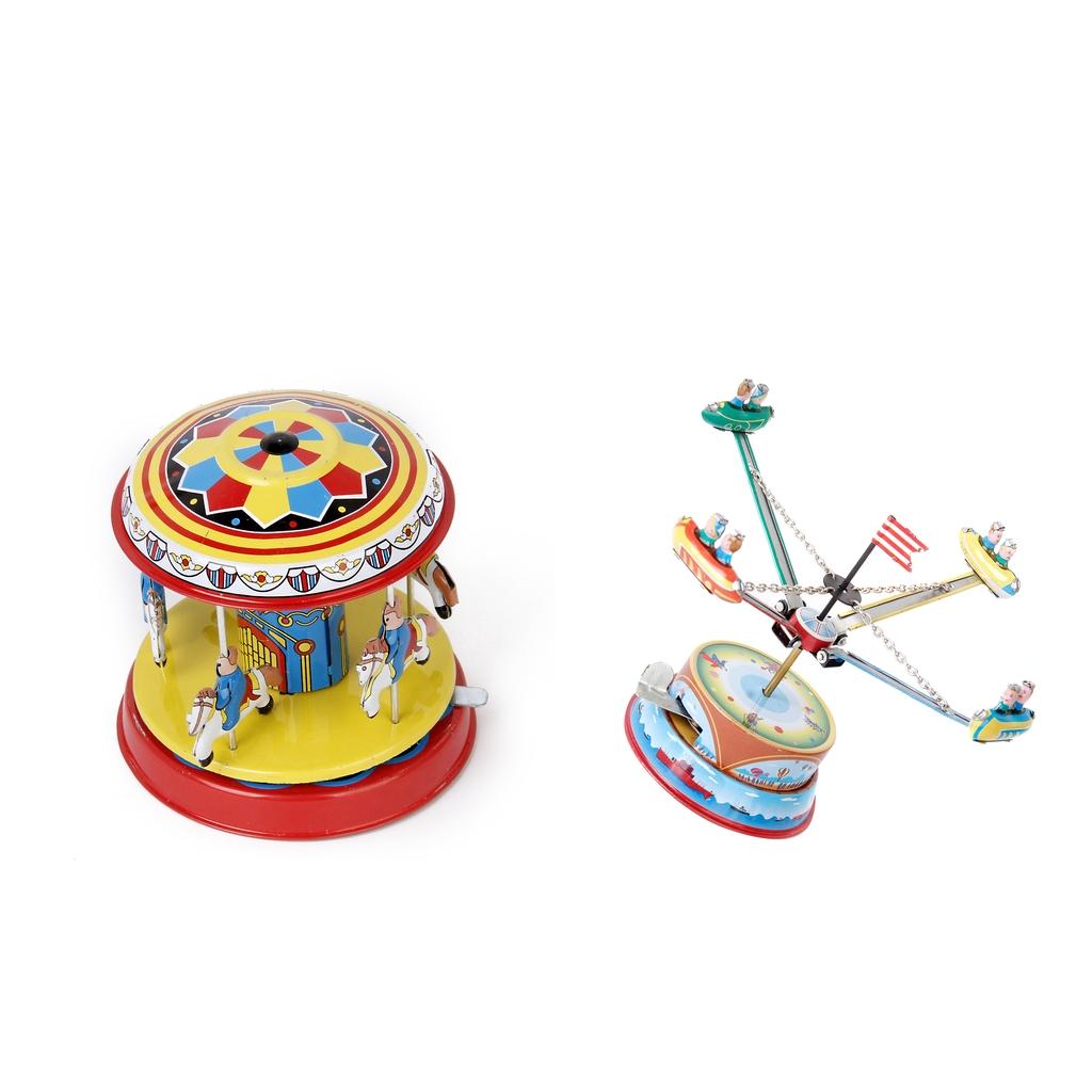 Carousel + Rotating Spacecraft Mechanical Clockwork Wind Up Vintage Tin Toy